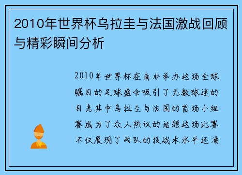 2010年世界杯乌拉圭与法国激战回顾与精彩瞬间分析