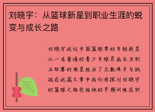 刘晓宇：从篮球新星到职业生涯的蜕变与成长之路